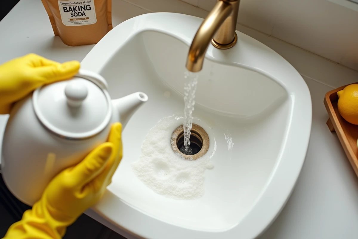 Rinçage à l'eau chaude d'un évier après application de bicarbonate de soude pour déboucher la canalisation
