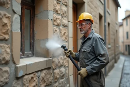 Professionnel effectuant un sablage sur une façade ancienne en pierre avec équipement de protection