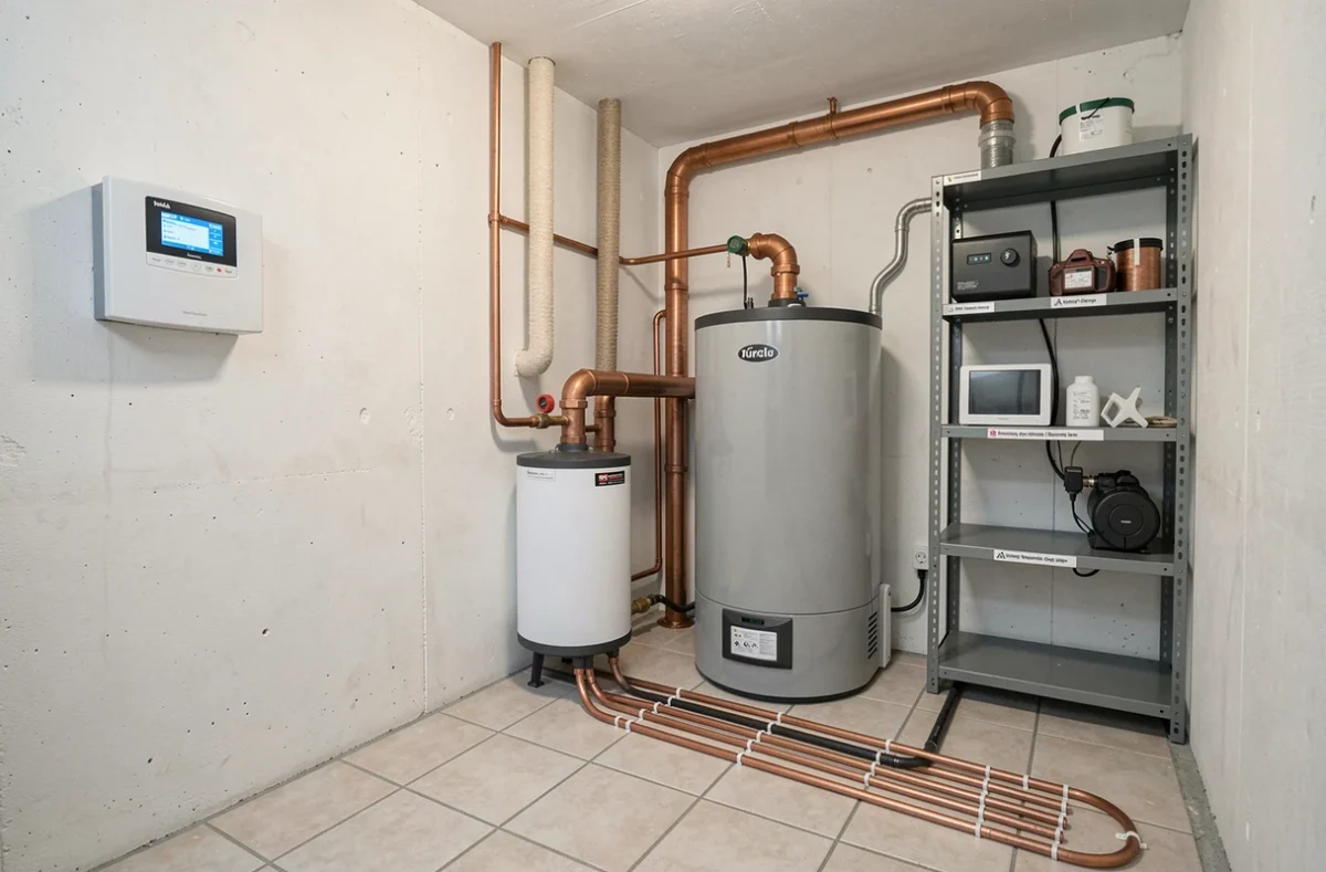 Salle technique intérieure avec système de pompe à chaleur hydrothermique, ballon tampon et collecteur de plancher chauffant installés dans une maison à Oyonnax