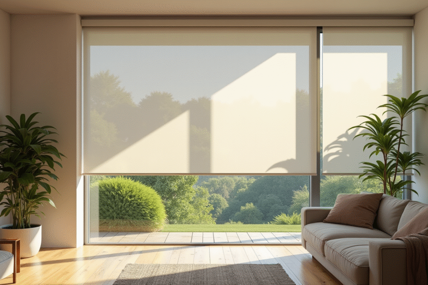 Salon moderne avec grand fenêtre et écran insecte ouvert