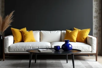 Salon noir et blanc avec accents jaune moutarde et bleu cobalt, coussins colorés sur canapé blanc et vase en céramique