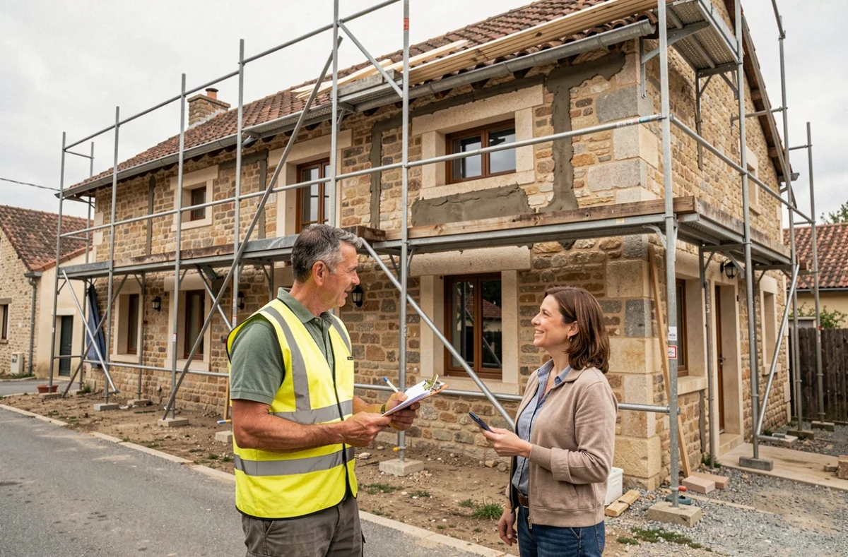 Responsable de SARL JP Vérines discutant avec une cliente devant un chantier de rénovation extérieure