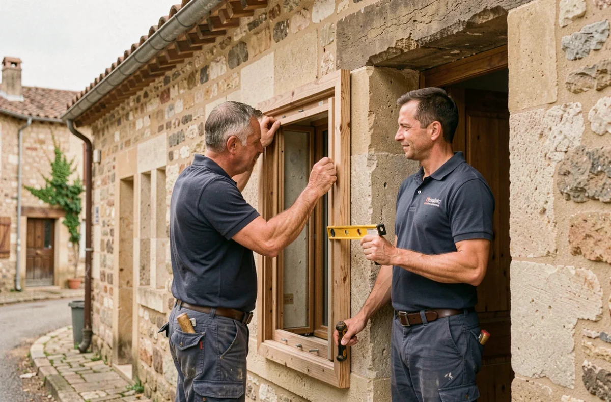 Deux artisans de SARL Landes Frères posant une menuiserie en bois sur une façade en pierre