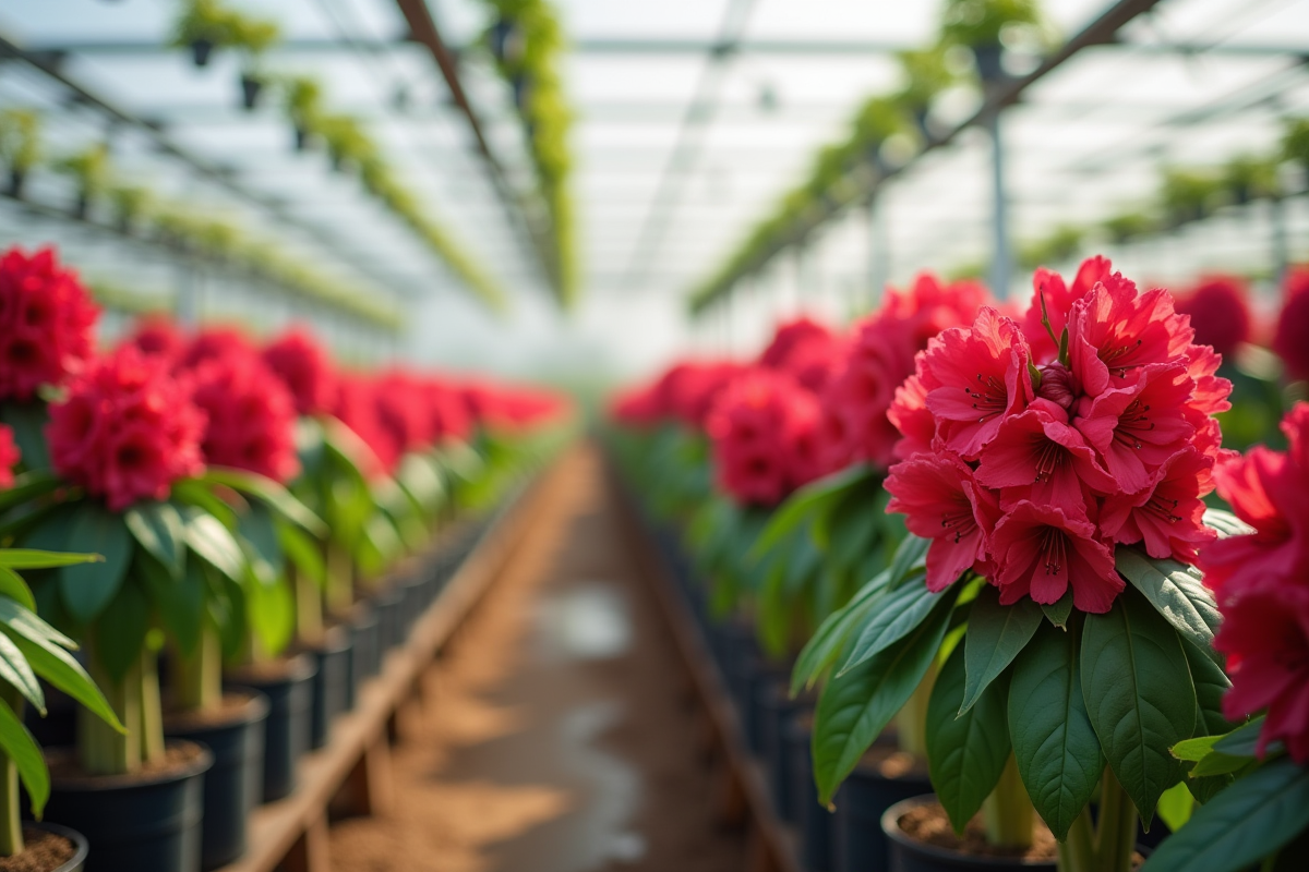 Serre lumineuse avec des rhododendrons en pots humides
