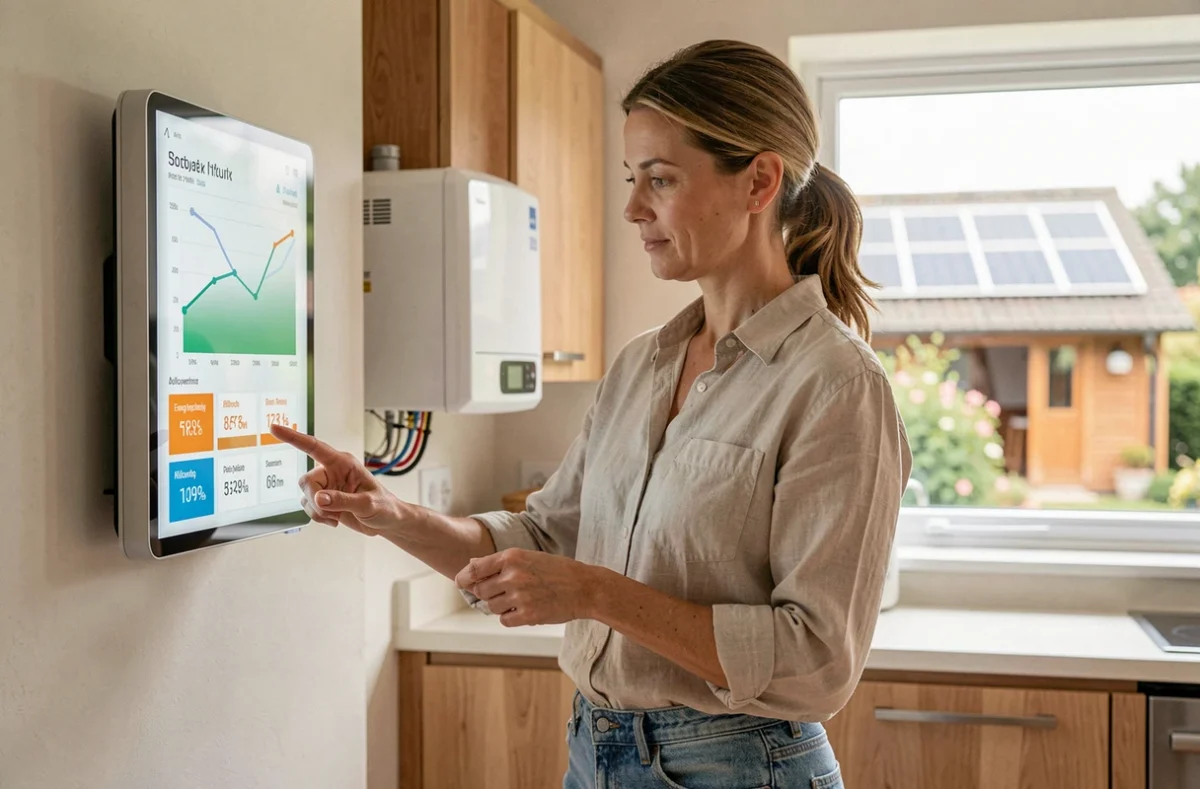 Femme consultant les données de production solaire sur un tableau de bord domotique pour optimiser l'autoconsommation