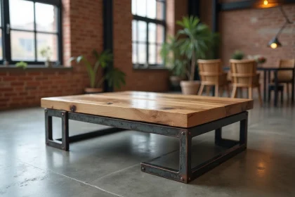 Table basse industrielle faite de tubes carrés en fer soudés avec plateau en chêne massif brut dans un loft béton