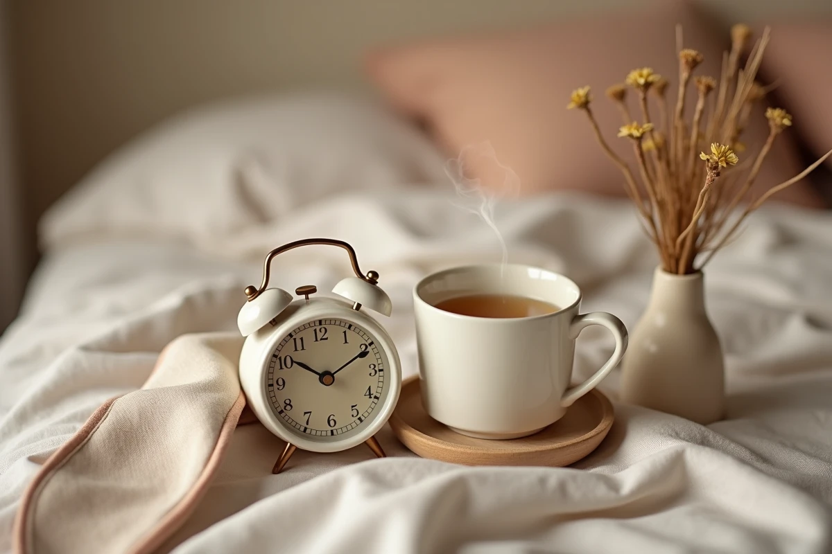 Table de chevet minimaliste avec réveil analogique, masque de sommeil et tisane pour un réveil sans stress