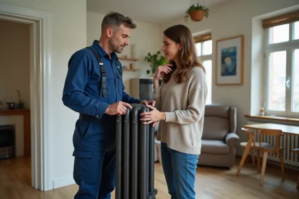 Technicien chauffage expliquant le poids d'un radiateur à une femme
