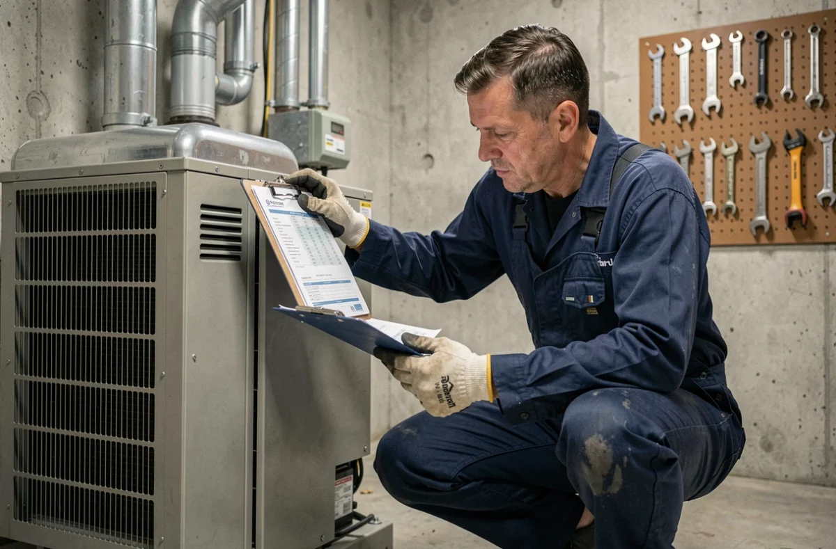Technicien chauffagiste inspectant une pompe à chaleur 30 kW dans une chaufferie industrielle avec presse-papiers