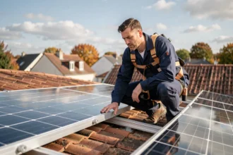 Technicien installant un kit solaire triphasé sur un toit résidentiel en France