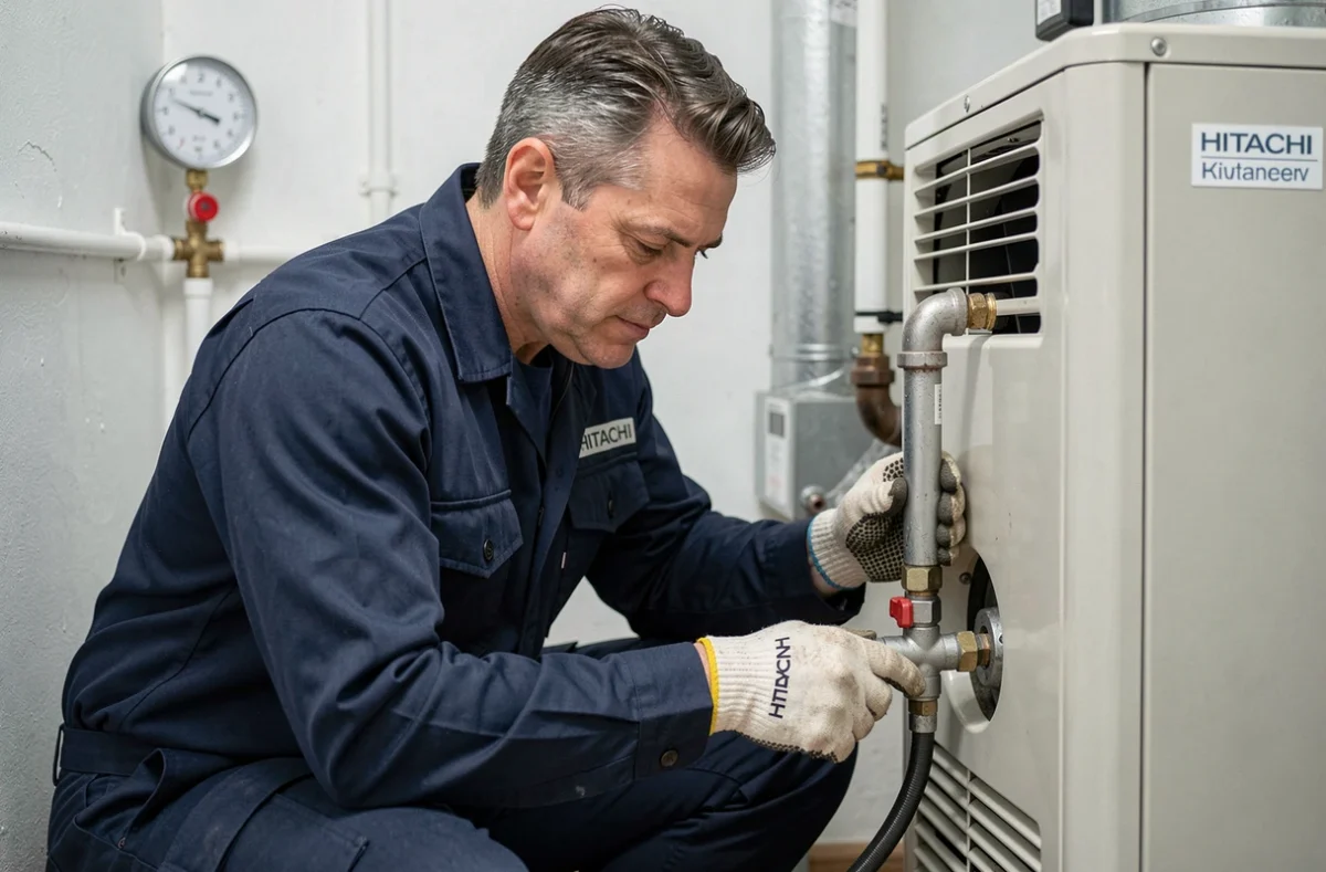 Technicien installant une pompe à chaleur Hitachi dans une chaufferie résidentielle