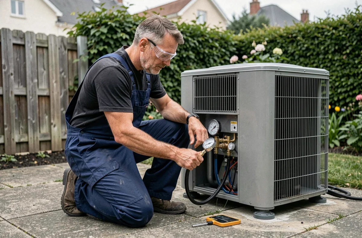 Technicien certifié installant une pompe à chaleur dans un jardin résidentiel en France, contrôle de la pression de réfrigérant