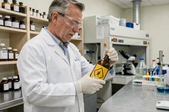 Technicien de laboratoire manipulant avec précaution un flacon d'acide oxalique en portant des équipements de protection individuelle