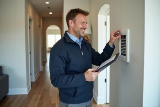 Technicien souriant inspectant une grille de ventilation dans un salon moderne