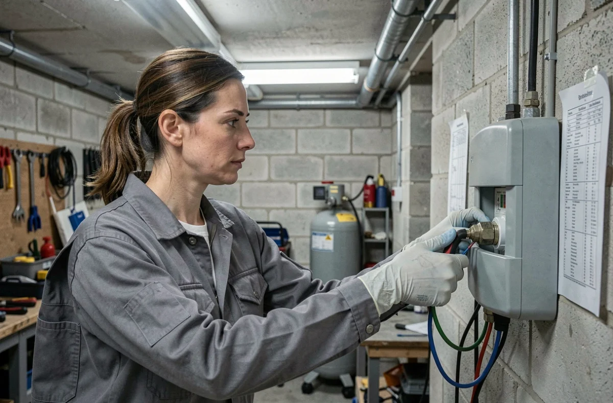 Femme technicienne raccordant un câble électrique de forte section à une prise industrielle murale dans un atelier garage équipé