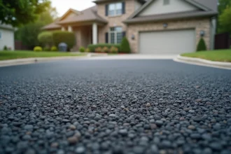 Gros plan sur une surface en enrobé drainant posée sur une allée résidentielle, montrant la texture poreuse et les granulats apparents du revêtement bitumineux perméable