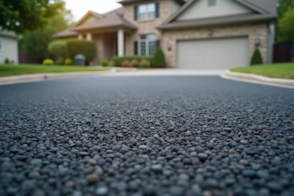 Gros plan sur une surface en enrobé drainant posée sur une allée résidentielle, montrant la texture poreuse et les granulats apparents du revêtement bitumineux perméable