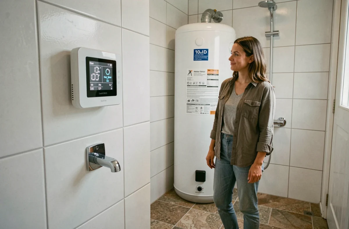 Femme vérifiant la température d'un chauffe-eau solaire 100 litres sur thermostat numérique dans une salle de bain moderne