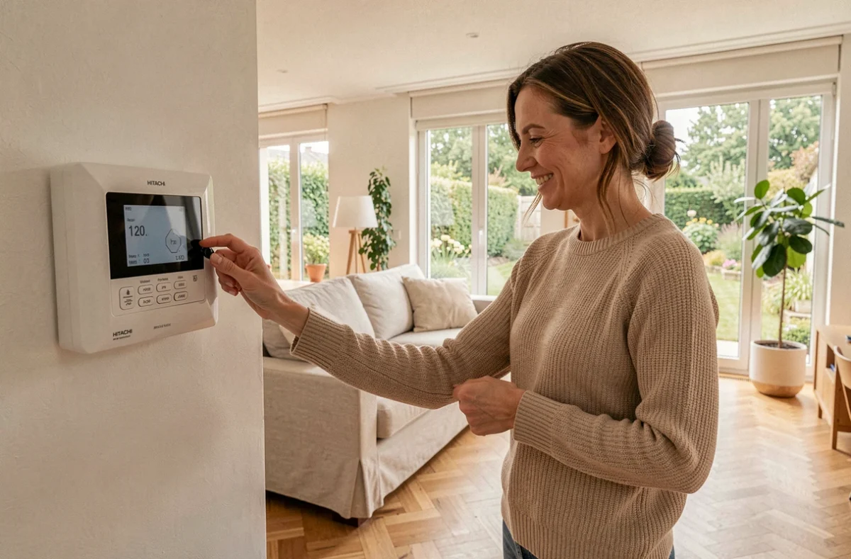 Femme réglant le thermostat d'une pompe à chaleur Hitachi dans un salon moderne chauffé par le sol