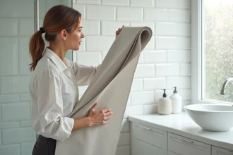 Designer tenant un échantillon de toile enduite résistante à l'humidité contre un mur de salle de bain carrelée
