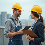 Homme en overalls avec casque discutant sur un toit avec une femme