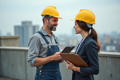 Homme en overalls avec casque discutant sur un toit avec une femme
