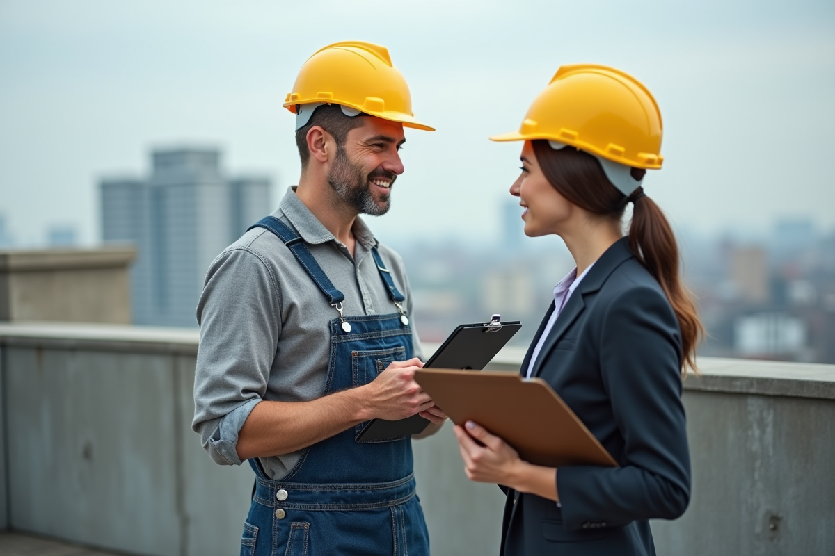 Homme en overalls avec casque discutant sur un toit avec une femme