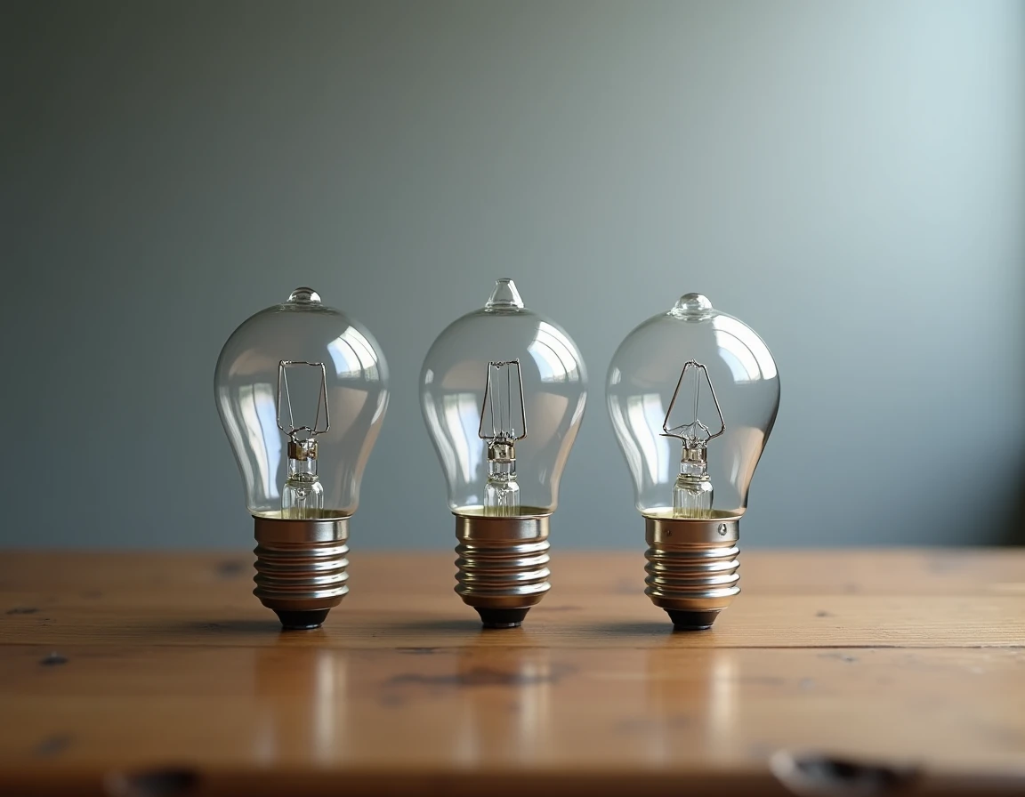 Comparaison de différents types de culots d'ampoules E27 B22 et E14 sur une table en bois