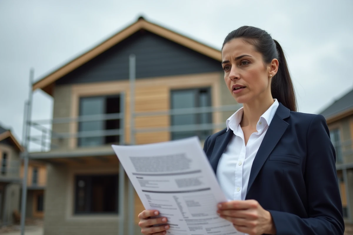 Urbaniste tenant un formulaire de demande de permis devant un chantier de construction résidentiel
