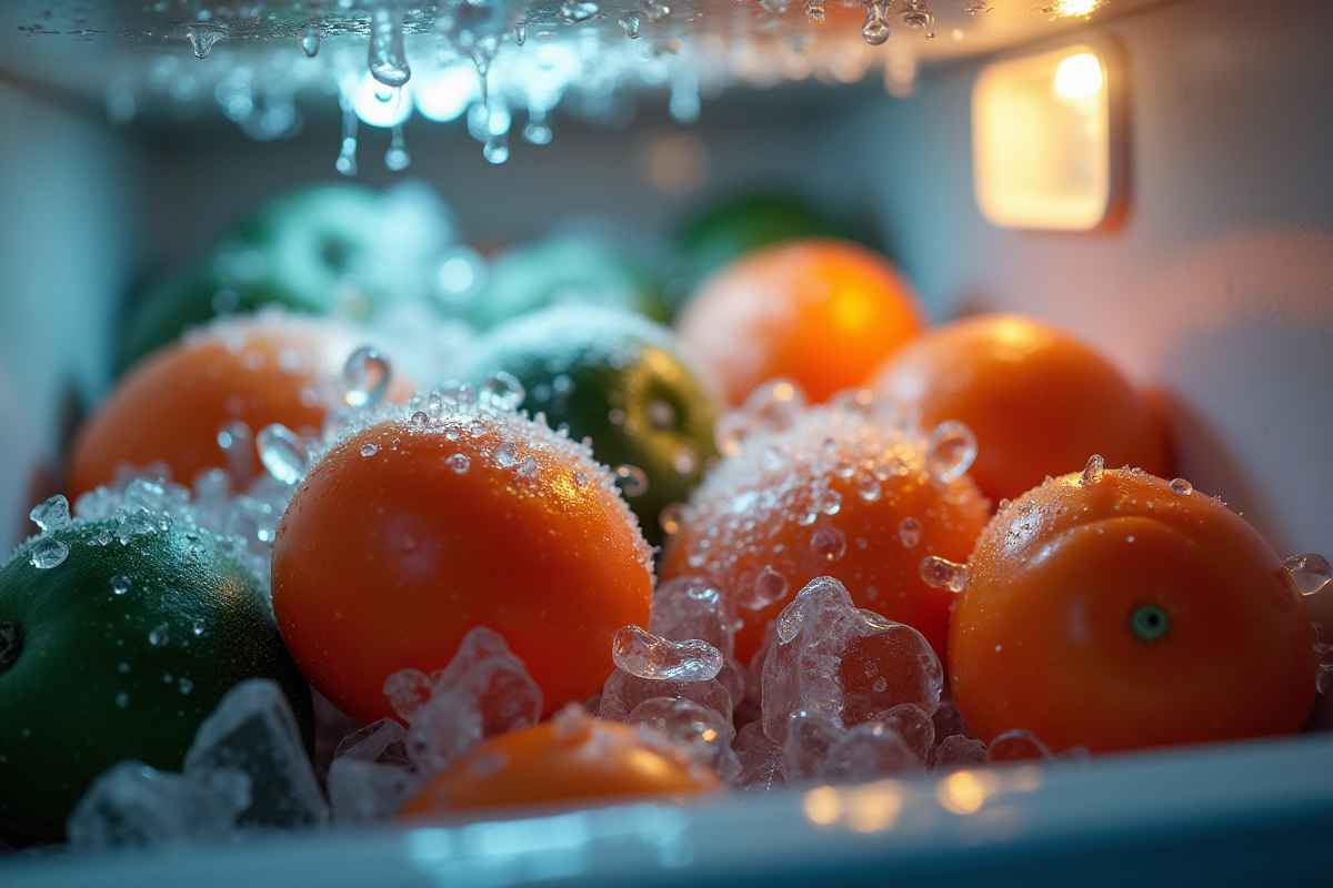 Gros plan sur légumes congelés et glace fondante dans le congélateur