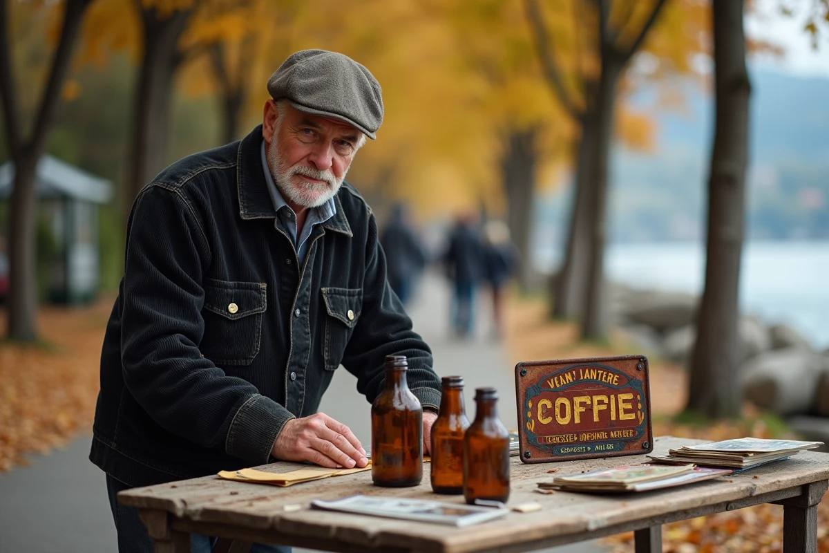 Vendeur âgé arrangeant des bouteilles anciennes et des objets vintage sur une table lors d'un vide grenier au bord du lac d'Annecy en automne