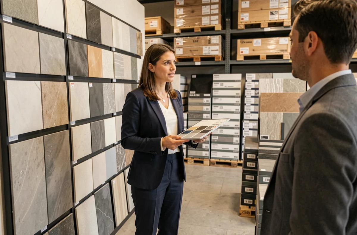 Conseillère commerciale dans un showroom de vente et pose de carrelage dans le Doubs présentant des échantillons de carreaux à un client