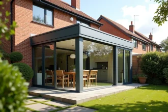 Véranda moderne en aluminium et verre accolée à une maison contemporaine, vue depuis le jardin