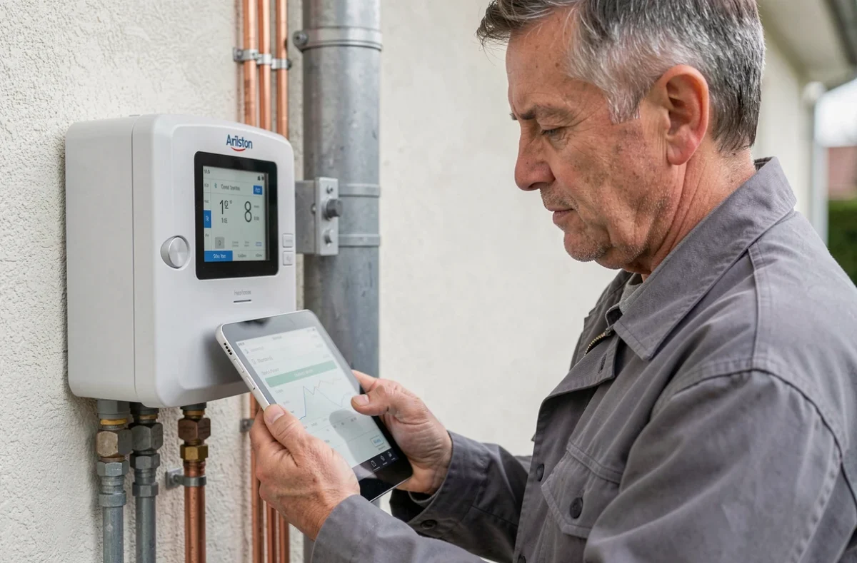 Technicien vérifiant les paramètres d'une pompe à chaleur Ariston installée avec tableau de commande mural