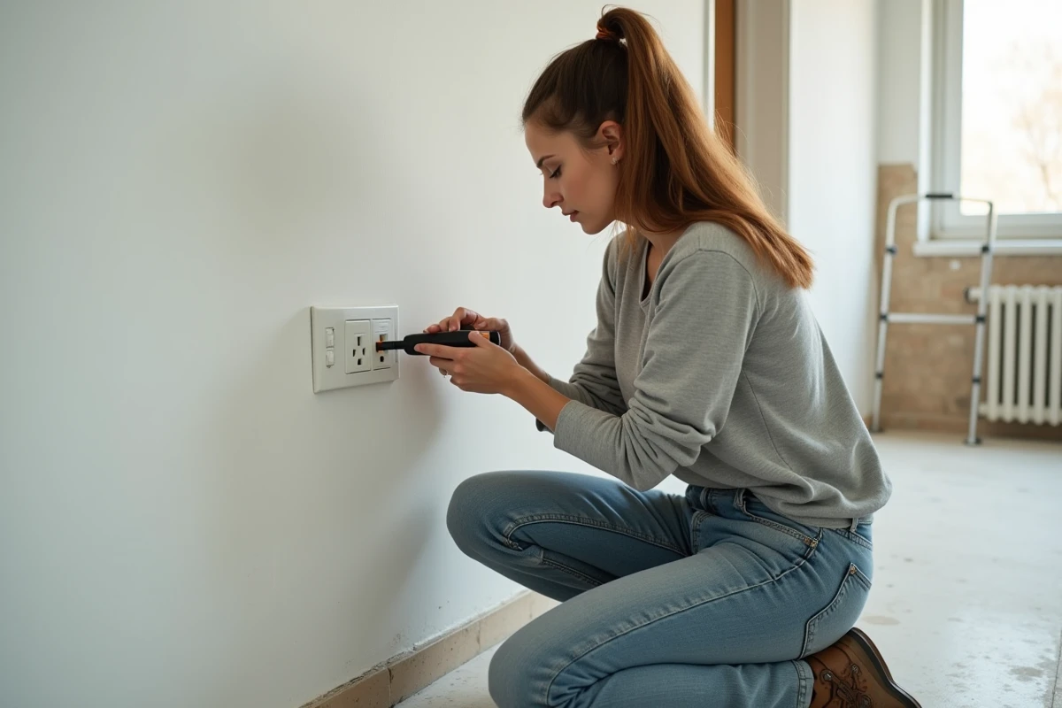 Femme vérifiant une prise de courant nouvellement installée avec un testeur de tension lors d'une rénovation