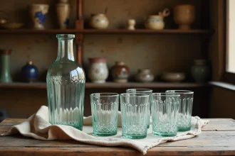 Collection de verrerie Portieux ancienne des années 1930, vases et verres en verre pressé aux motifs Art Déco sur table en chêne dans une boutique d'antiquités