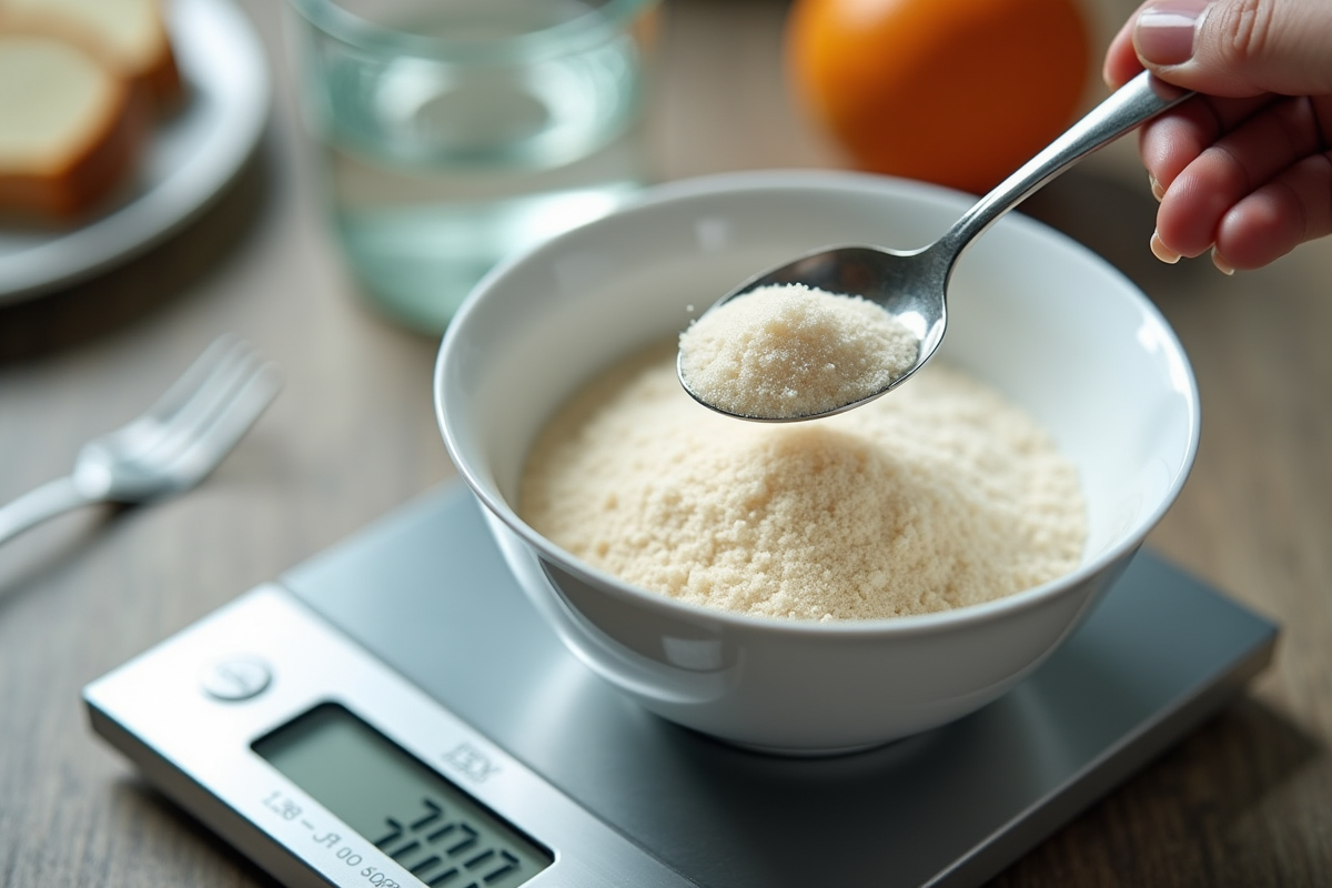 Cuillère en métal versant du sucre dans une balance précise