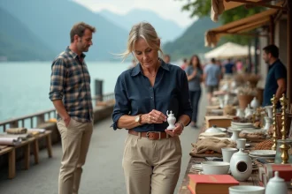 Vide grenier animé en bord du lac d'Annecy avec des tables couvertes d'objets vintage et des visiteurs qui fouillent les trouvailles