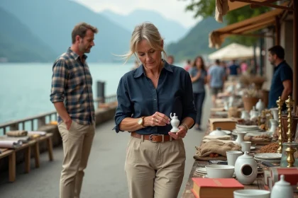 Vide grenier animé en bord du lac d'Annecy avec des tables couvertes d'objets vintage et des visiteurs qui fouillent les trouvailles