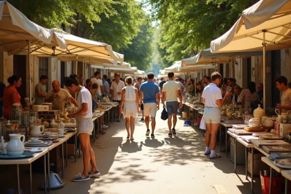 Vue panoramique d'un vide grenier animé à Montpellier avec des tables remplies d'objets vintage et des visiteurs qui flânent entre les allées
