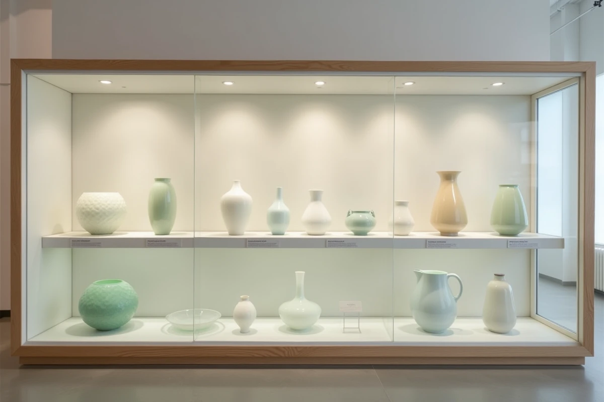 Vitrine muséale présentant l'évolution du design de la verrerie Portieux de 1933 à 2026, panorama historique des grandes périodes de création