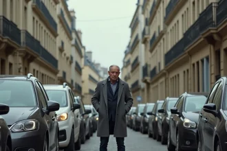 Homme devant son entrée de garage bloquée par des voitures garées illégalement dans une rue urbaine dense